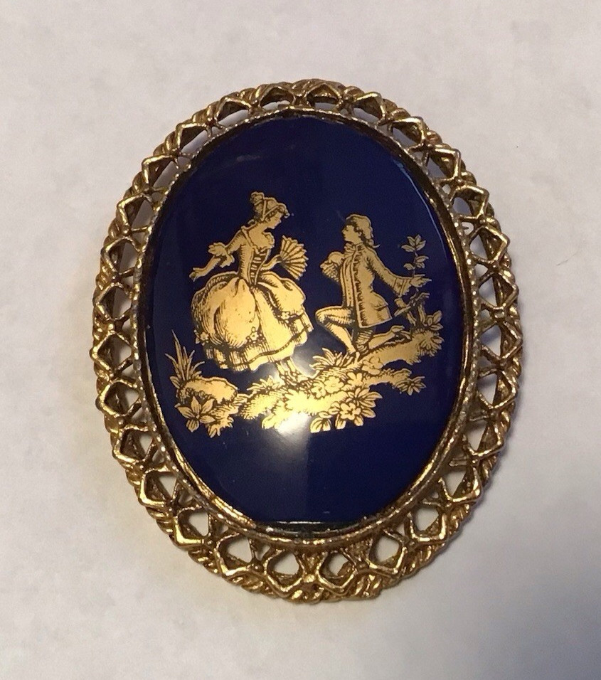 LIMOGES France Pendant/Brooch~ The Proposal~Vintage Cobalt/Gold Tone Brooch 2″L