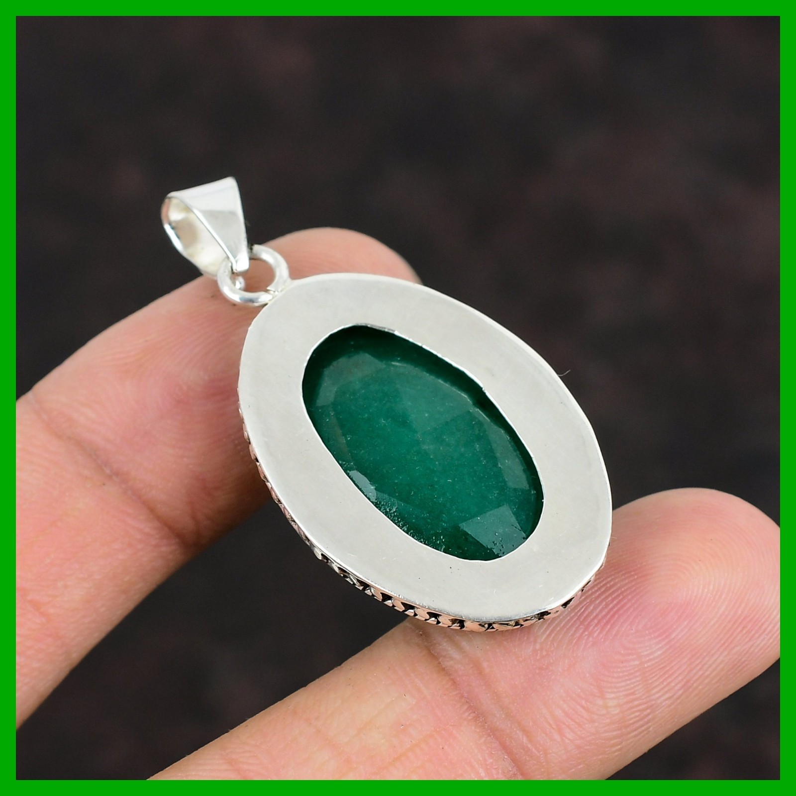 Friendship Day Deal Oval Zambian Emrald Gemstone Bezel Pendant Sterling Silver