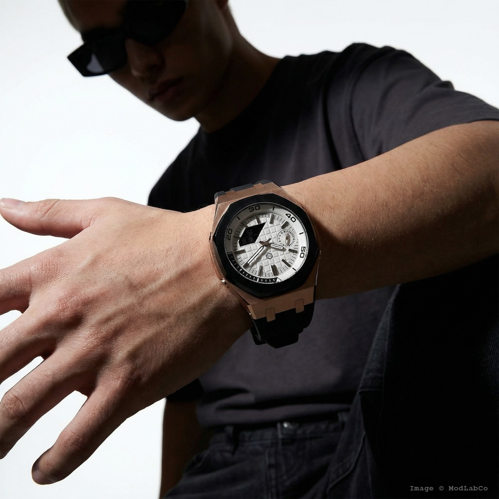 MLC-311 modlab company BESPOKE Octagonal White Dial Rose Gold Rubber 42mm Watch