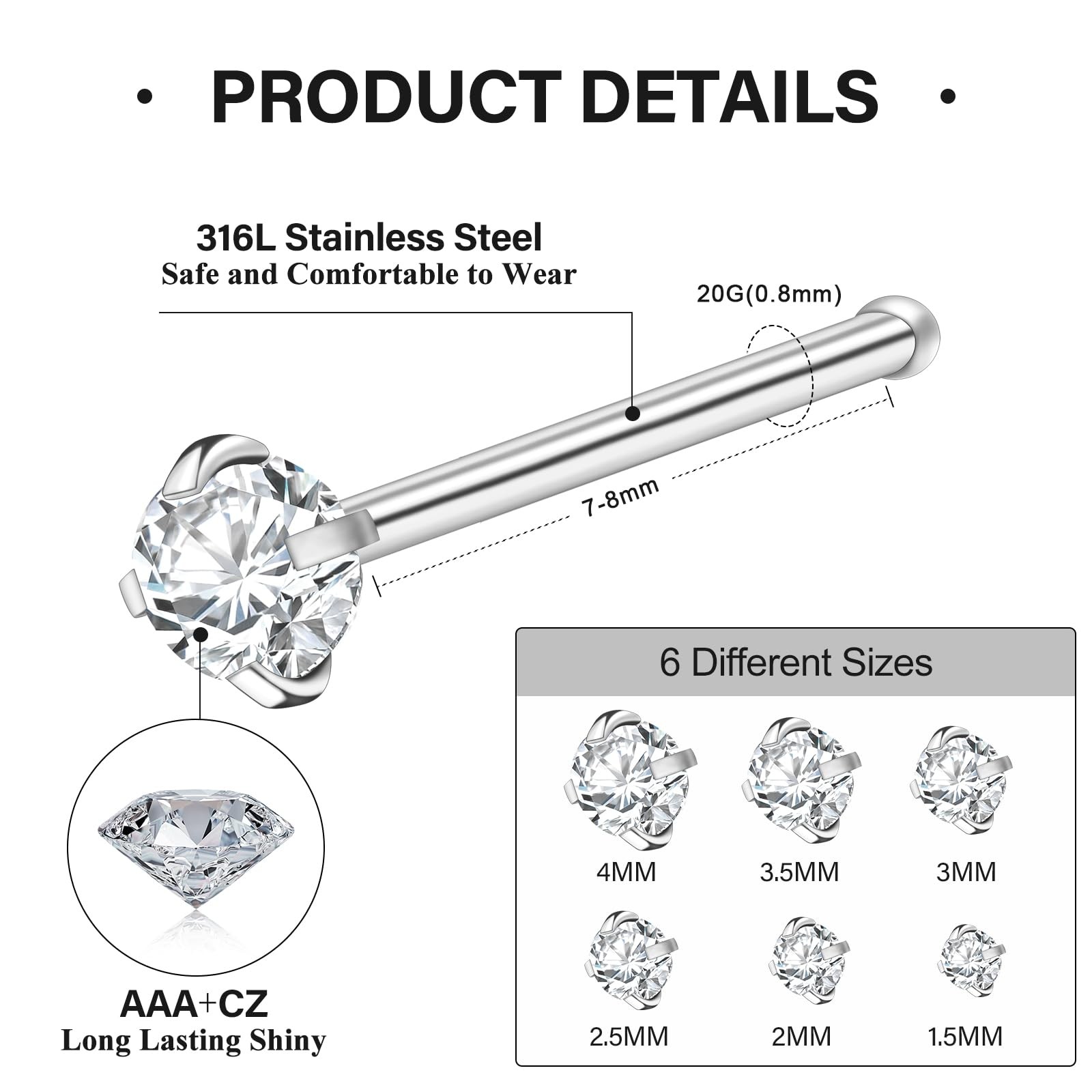 12Pcs Nose Rings Studs 20G Nose Studs Stianless Steel Nose Rings for Hypoalle…