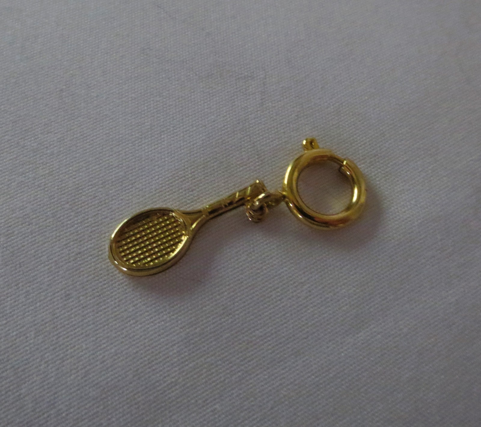 TENNIS RACKET CHARM Pendant Gold Tone Secure Clip Clasp Vintage Sporting Jewelry