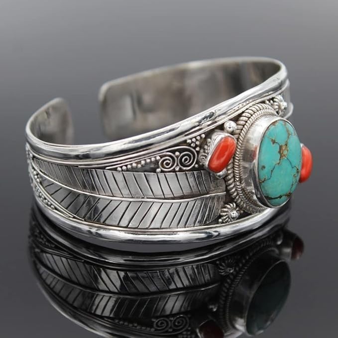Vintage Turquoise Crystal Bracelet Silver Color Leaf Open Cuff Woman Jewelry