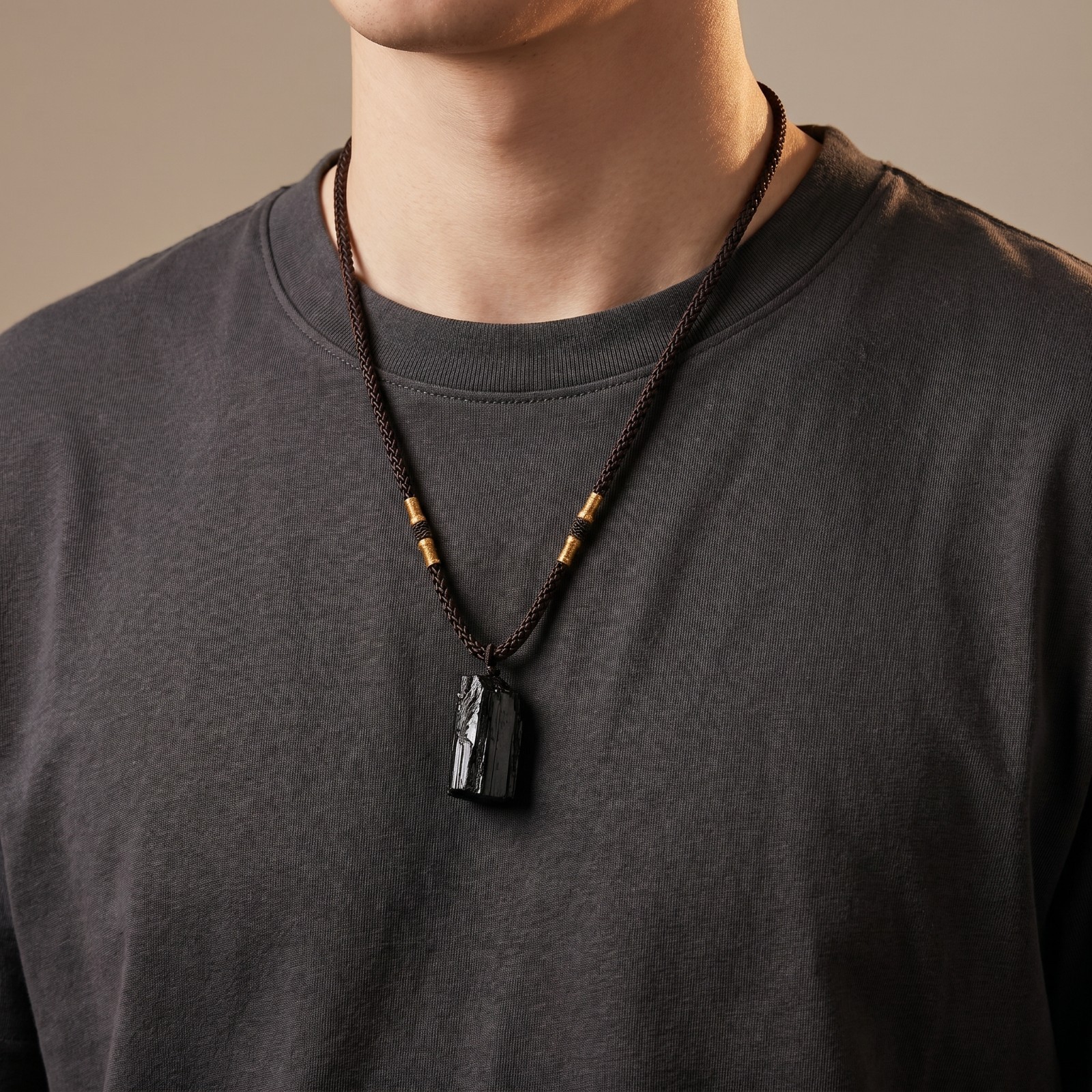 Natural Black Tourmaline Pendant Necklace Adjustable Protection Grounding Unisex