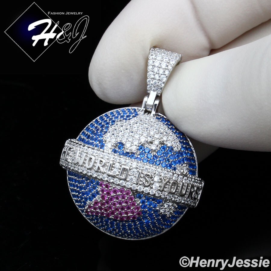 MEN 925 STERLING SILVER ICY CZ GOLD PLATED/SILVER “WORLD IS YOURS” PENDANT*SP525