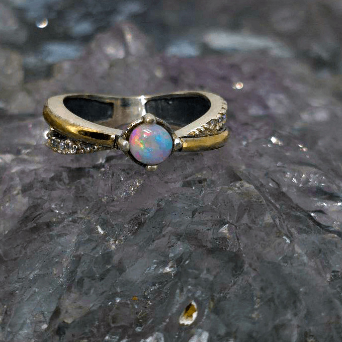 ‘Auvreth’ Natural Lightning Ridge Dark Opal 0.40ct 925 Silver and 9K Gold wit…