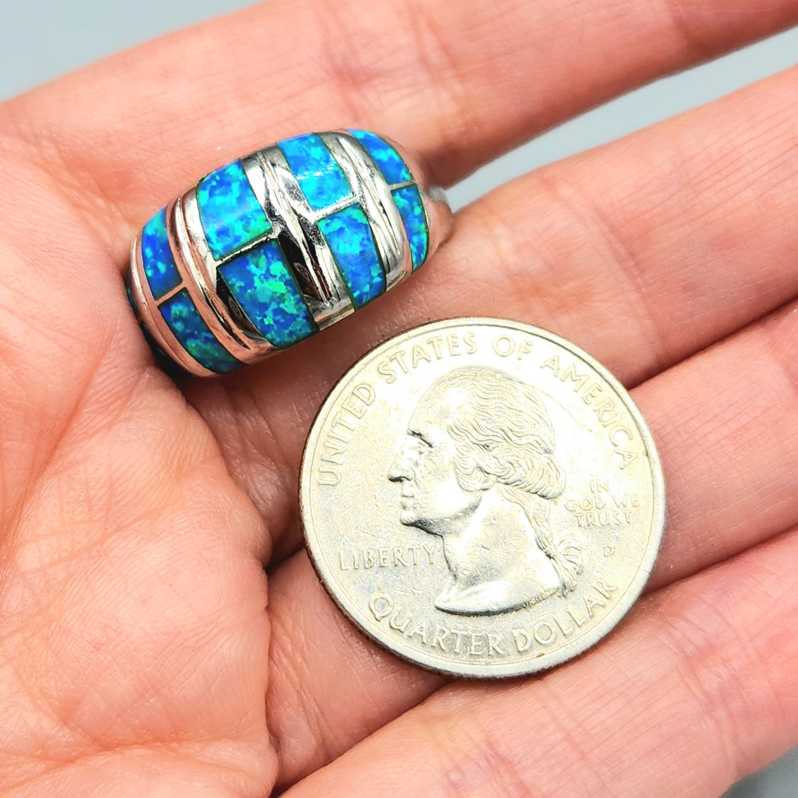 Sterling Silver Blue Lab Opal Inlay Domed Bezel Ring Size 8 5.5g