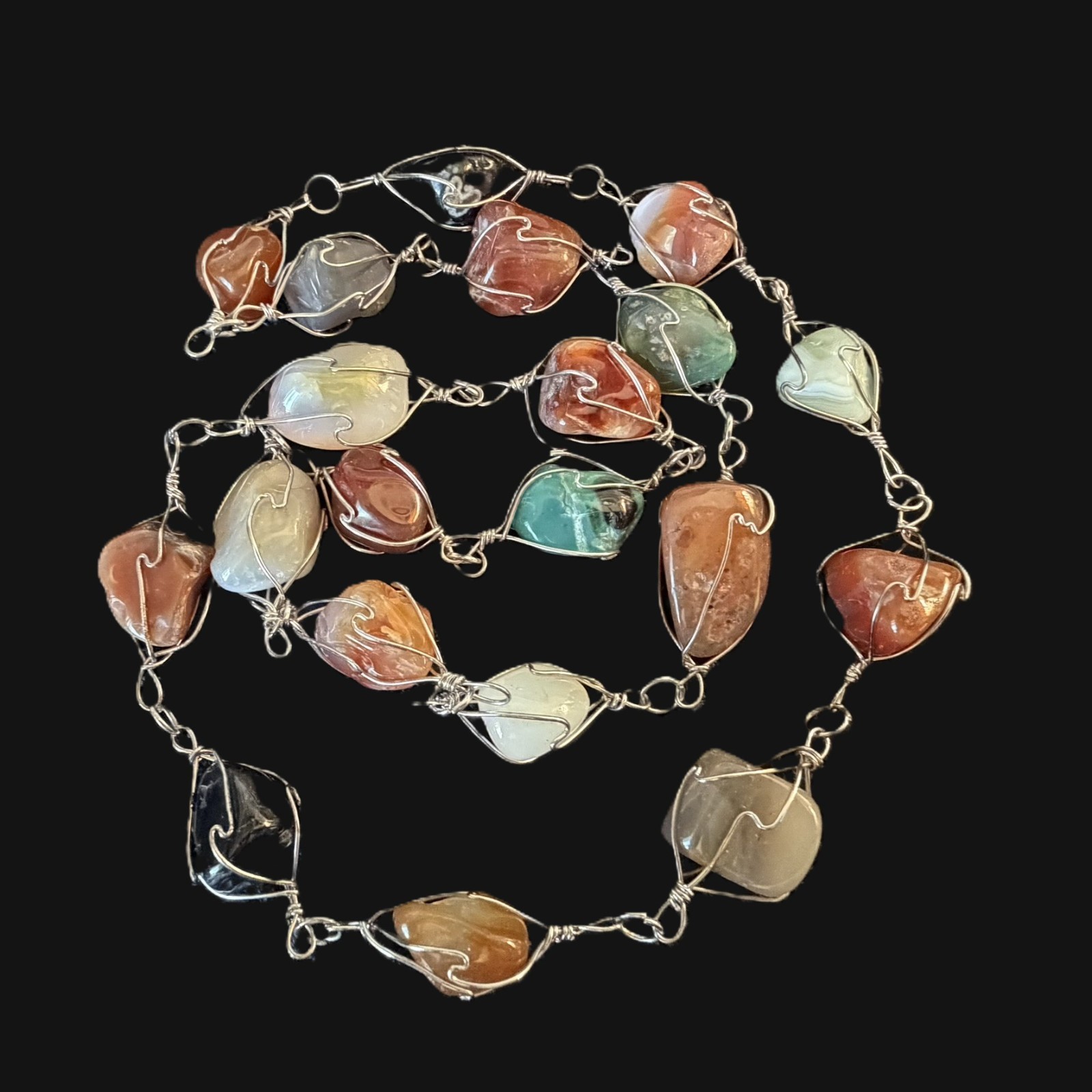 Artisan Wire Wrapped Natural Gemstone Necklace 34″ Endless Large Stone Statement