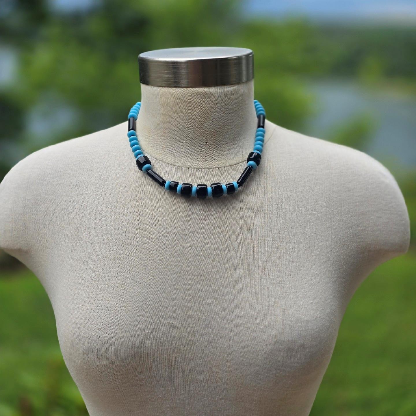 Vintage German Glass Bead Necklace Black & Blue Mid Century Old Stock 18.5 in