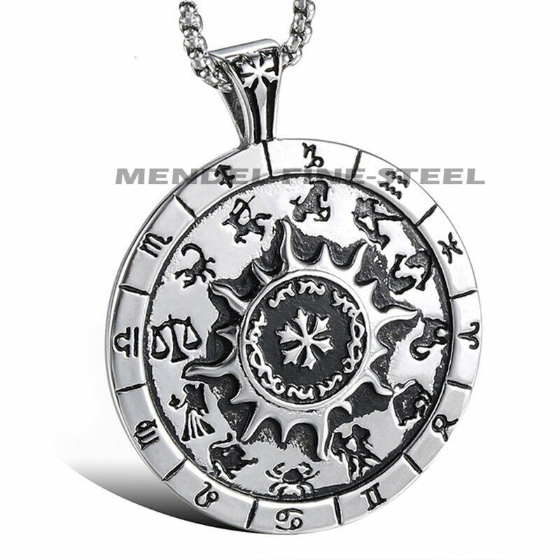 MENDEL Cool Mens Sun Horoscope Zodiac Sign Pendant Necklace Stainless Steel Men