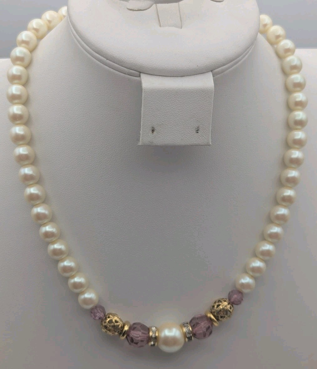 Faux Pearl Gold Tone Necklace Faux Amethyst Rhinestones Approximately 15 Inches