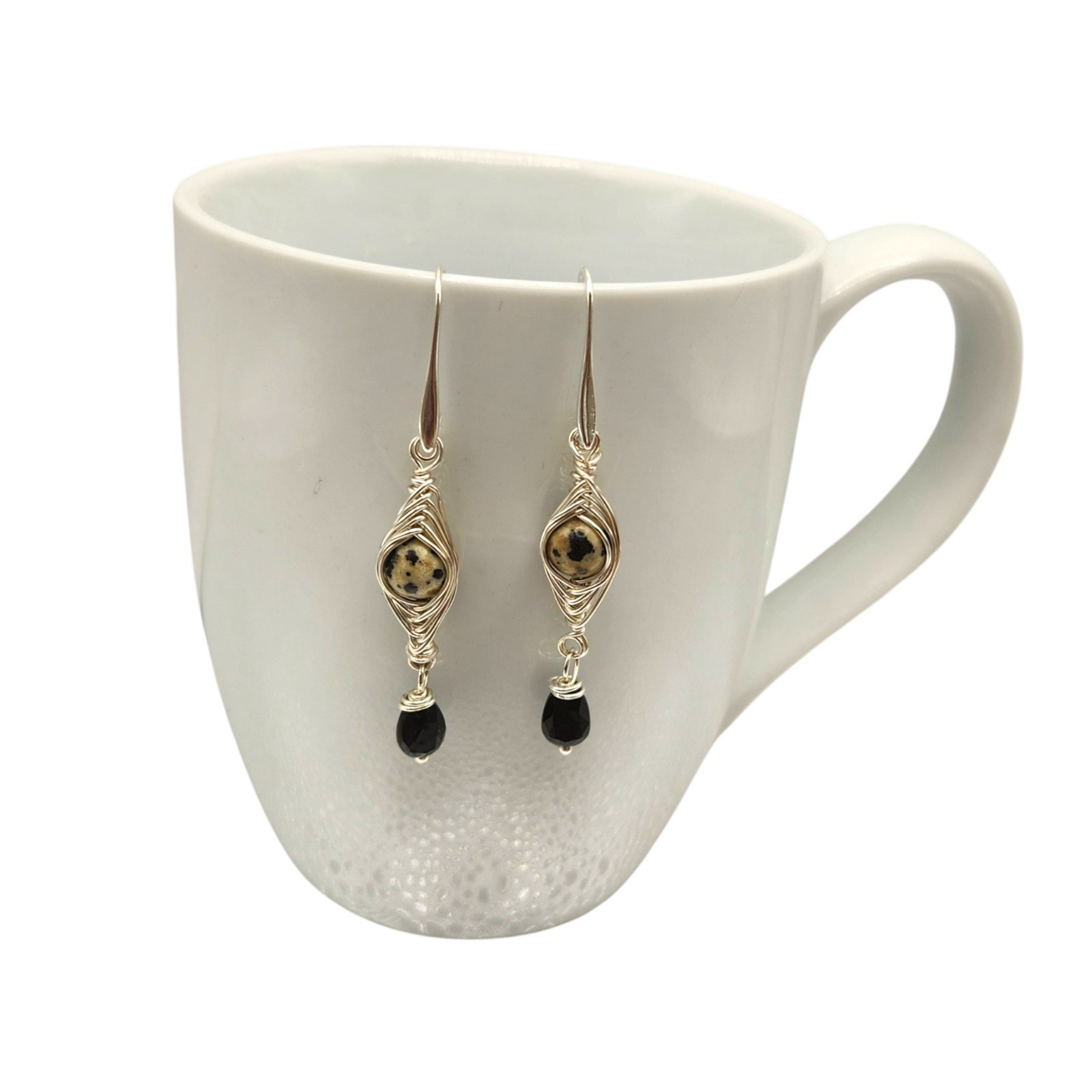 Handmade Stone Herringbone Wire Wrapped Dangle Earrings Gold Silver Bronze