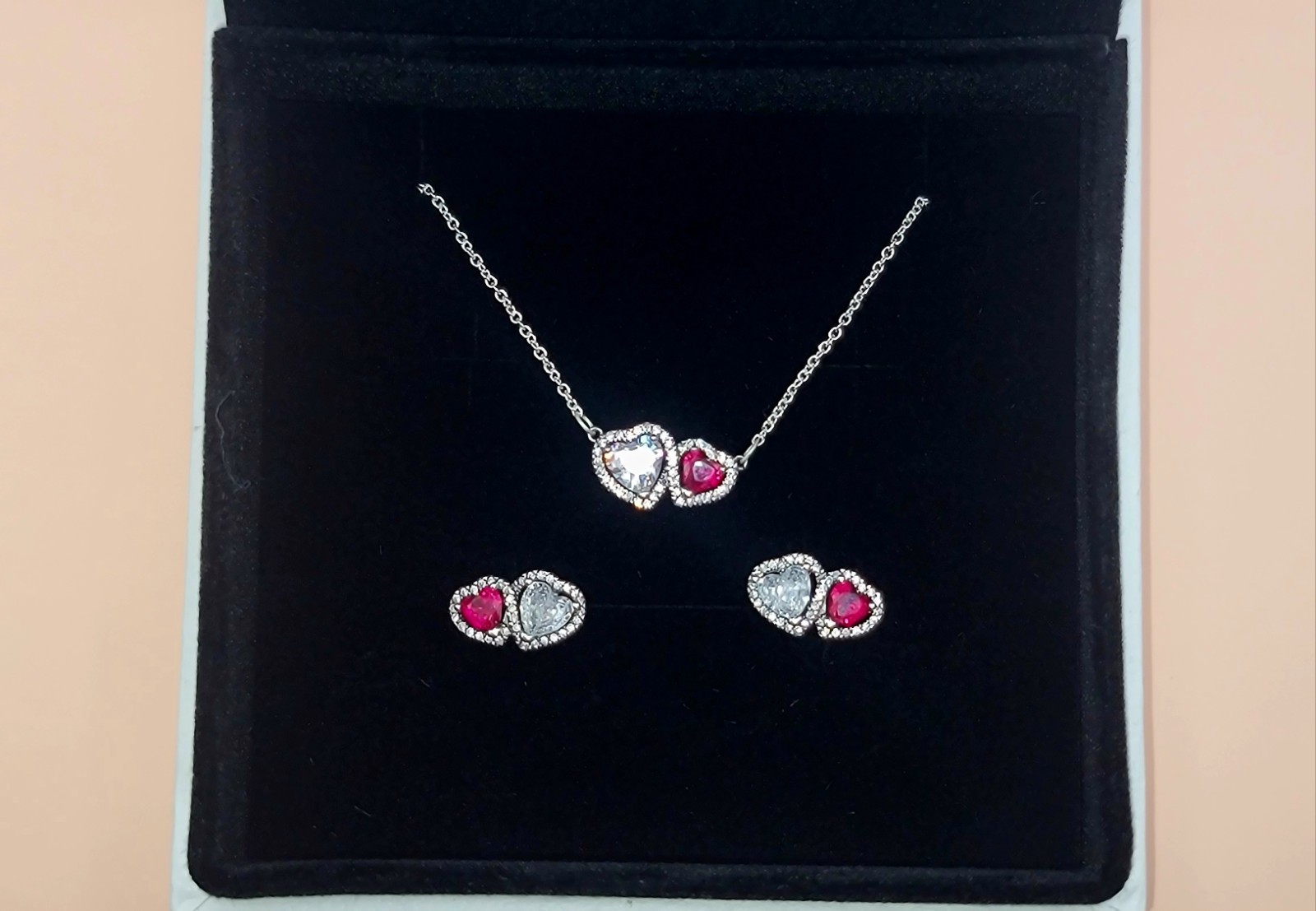 NEW PANDORA Red White Halo Heart Stud & Necklace Gift Set 293633C01 393632C01