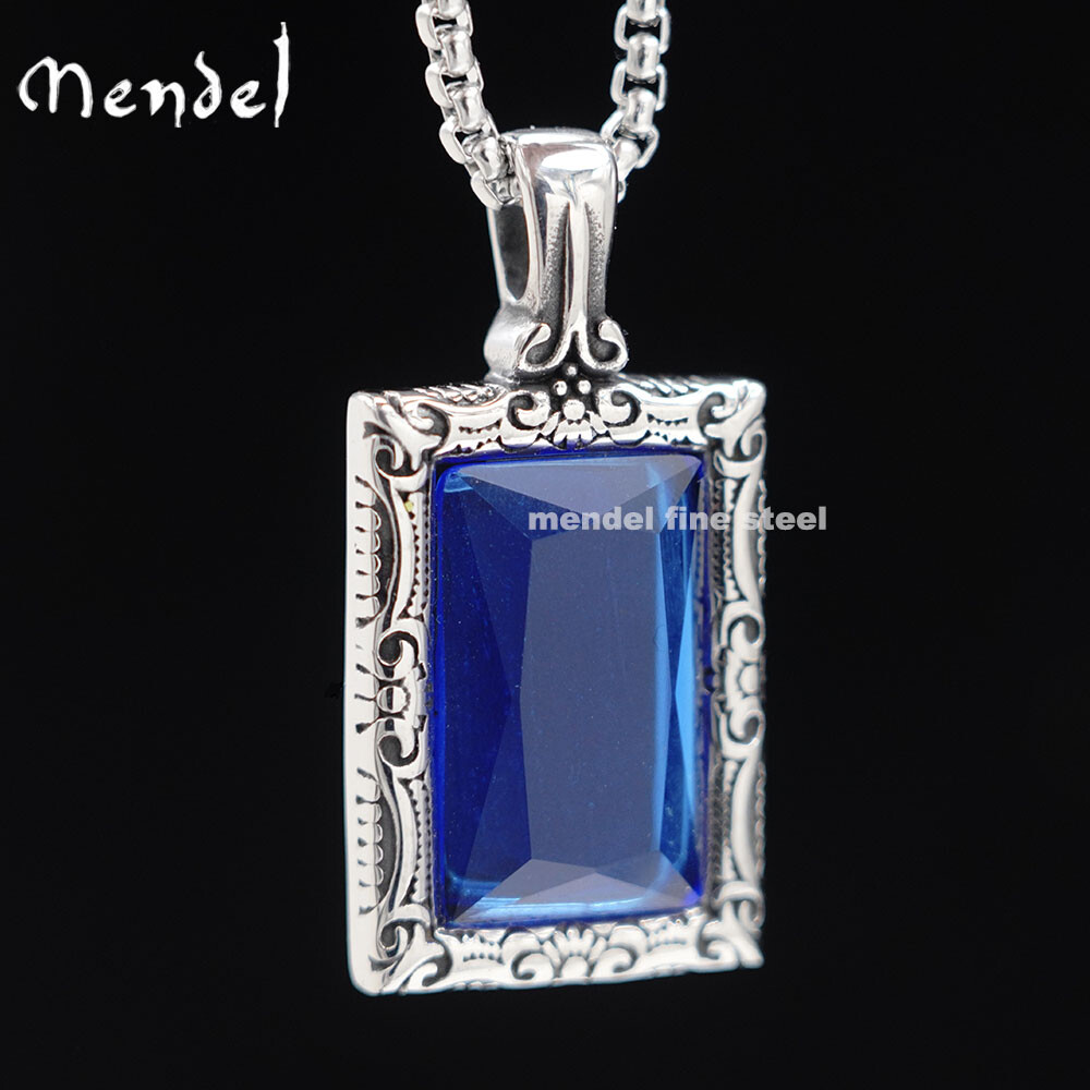 MENDEL Cool Mens Hip Hop Blue CZ Stone Pendant Necklace For Men Stainless Steel