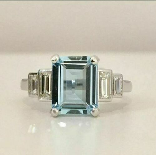 2.60CT Emerald Cut Aquamarine & Diamond Engagement Ring In 935 Argentium Silver