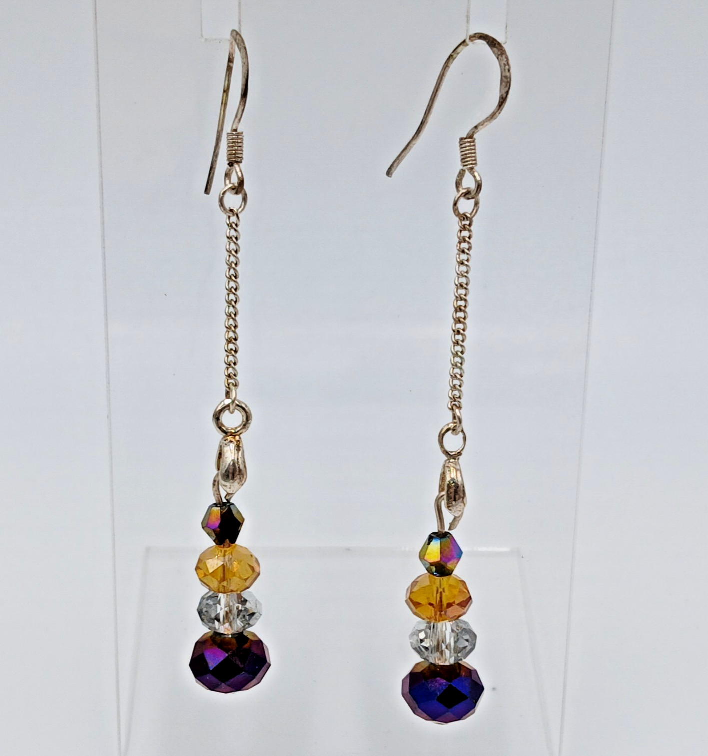 VTG 925 Crystal Beaded 2.5in Drop Earrings Sterling Silver 2.82gtw Purple Gold