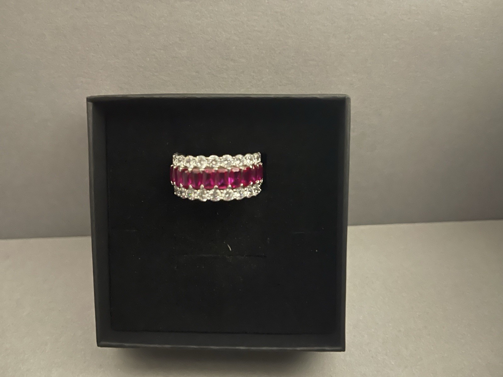 Stunning Simulated Ruby and Diamond Silver Ring Band Size 8