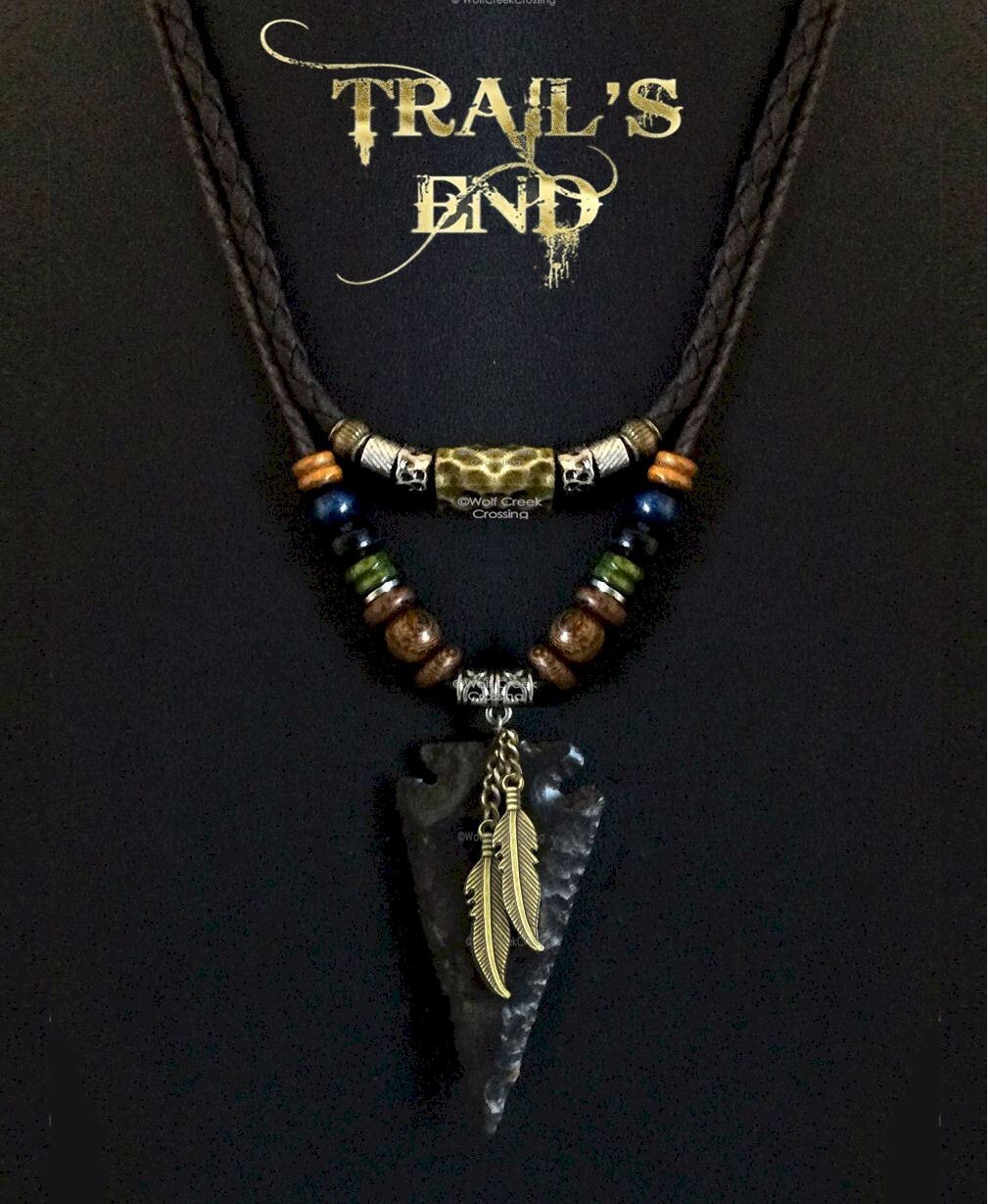 TRIBAL Bronze Feather STONE ARROWHEAD Adjustable 32″ Leather Necklace FREE Ship’