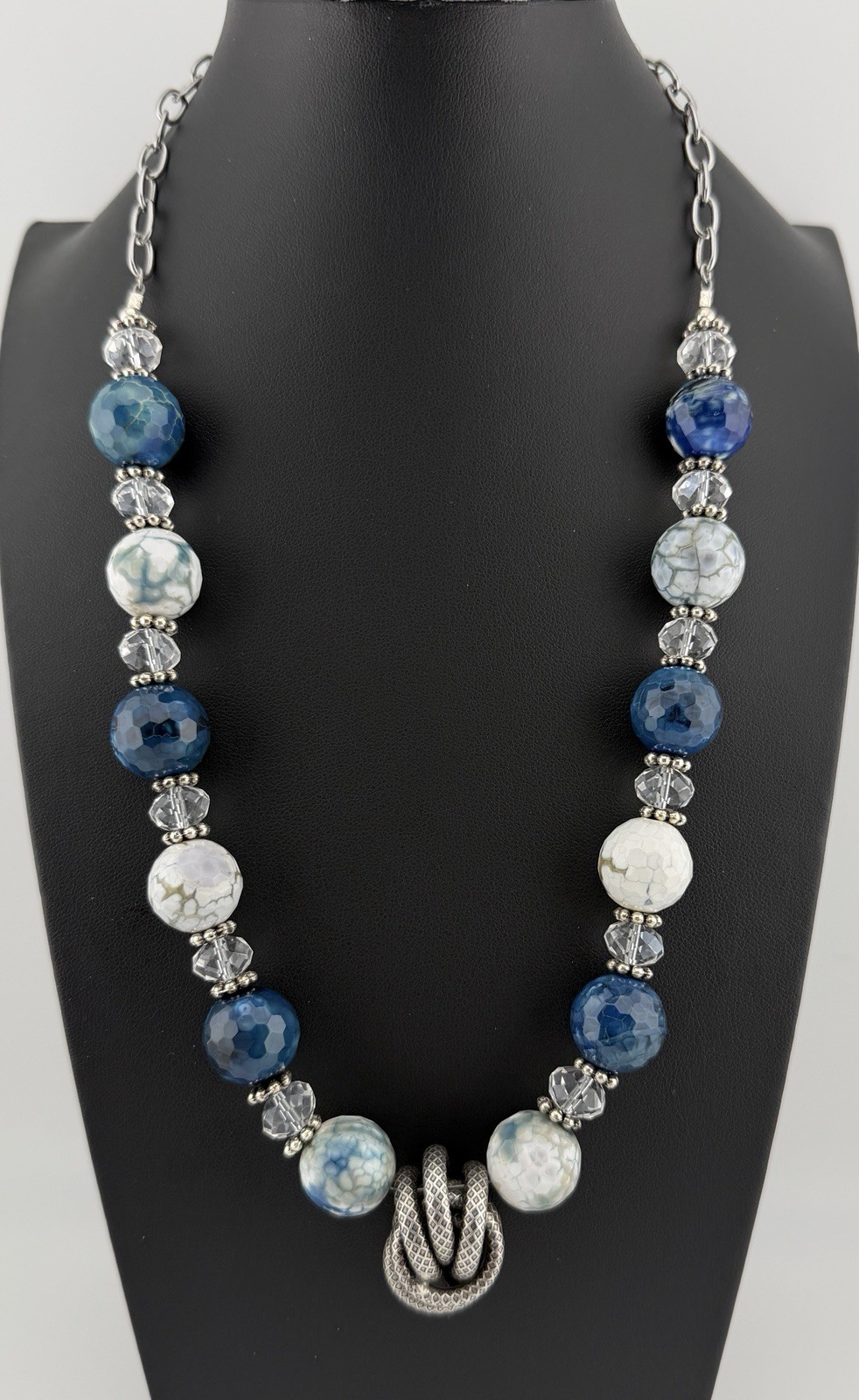 Artisan Blue White Mixed Stone Glass Bead Necklace Sterling 925 Clasp 22.5”