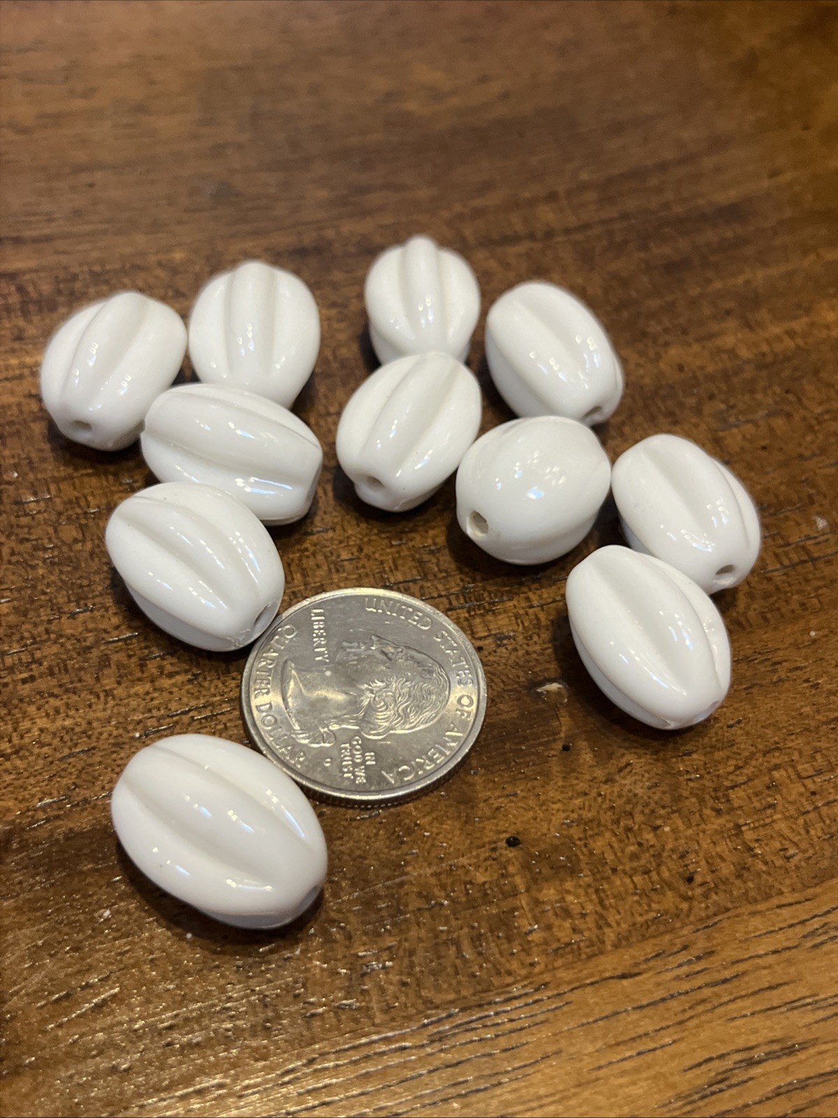 Vintage White Milk glass Pumpkin Shape Molded Glass beads 1940s Era Lot Of 10