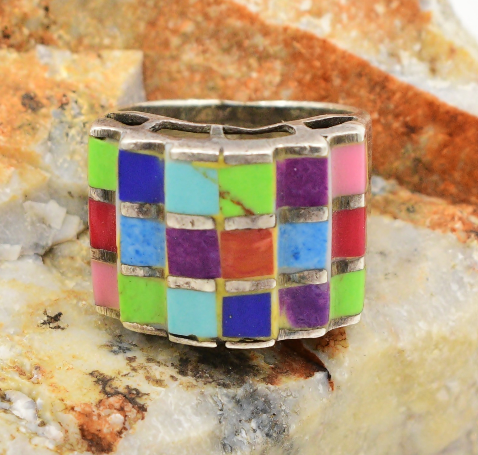 Sterling Silver Gaspeite Lapis Sugilite Turquoise Pink Opal & Coral Ring Sz 6.5