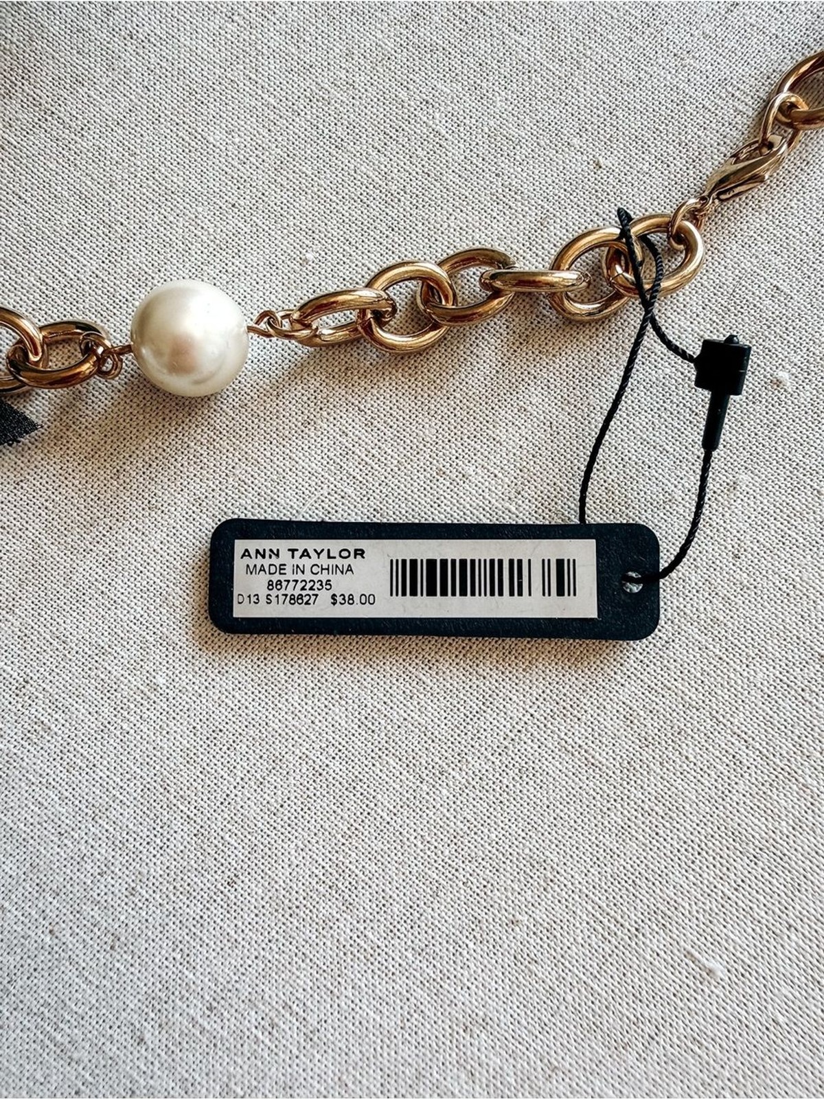 Ann Taylor Gold Tone Faux Pearl Chain Ribbon Statement Necklace NWT