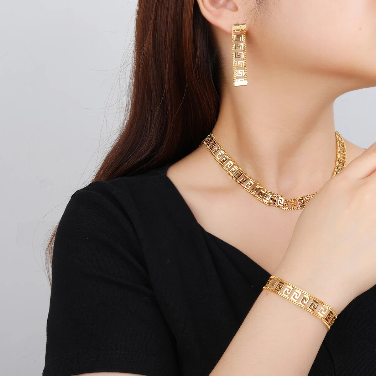 NEW WOMEN’S GREEK KEY NECKLACE & EARRING, BRACELET SET TRI COLOR GOLD BEAUTY