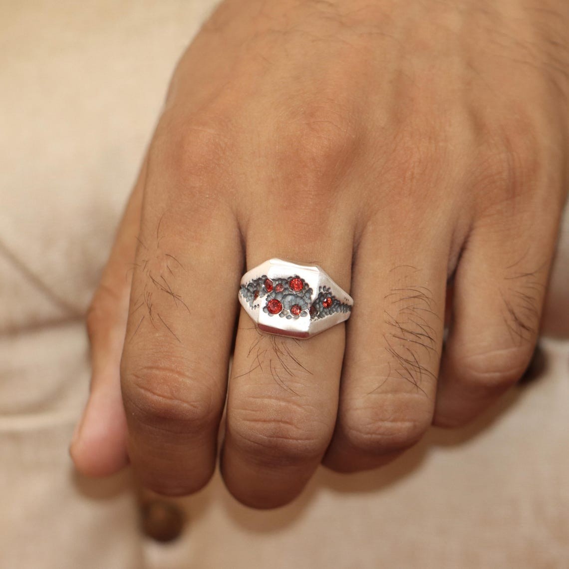 Natural Garnet Sterling Silver Signet Ring, Distressed Mens Jewelry For Father