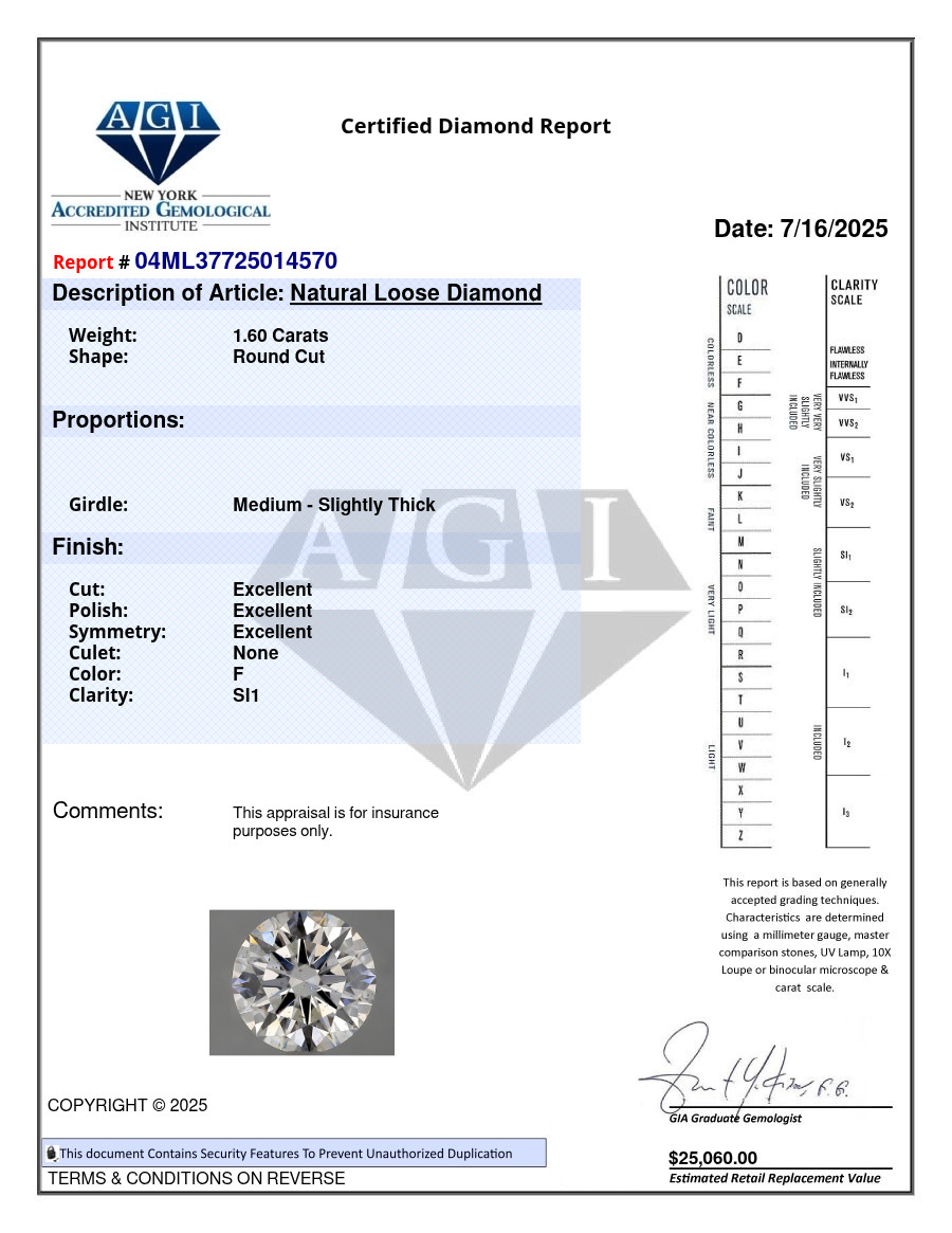 Round 1.60 Carat Cert. AGI Natural Mined Diamond Loose F color SI1 clarity