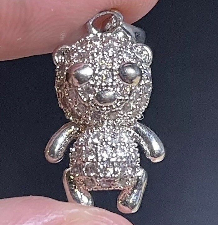 24x12x8.6mm Cute Little Teddy Bear Crystal Studded Pendant Silver Tone