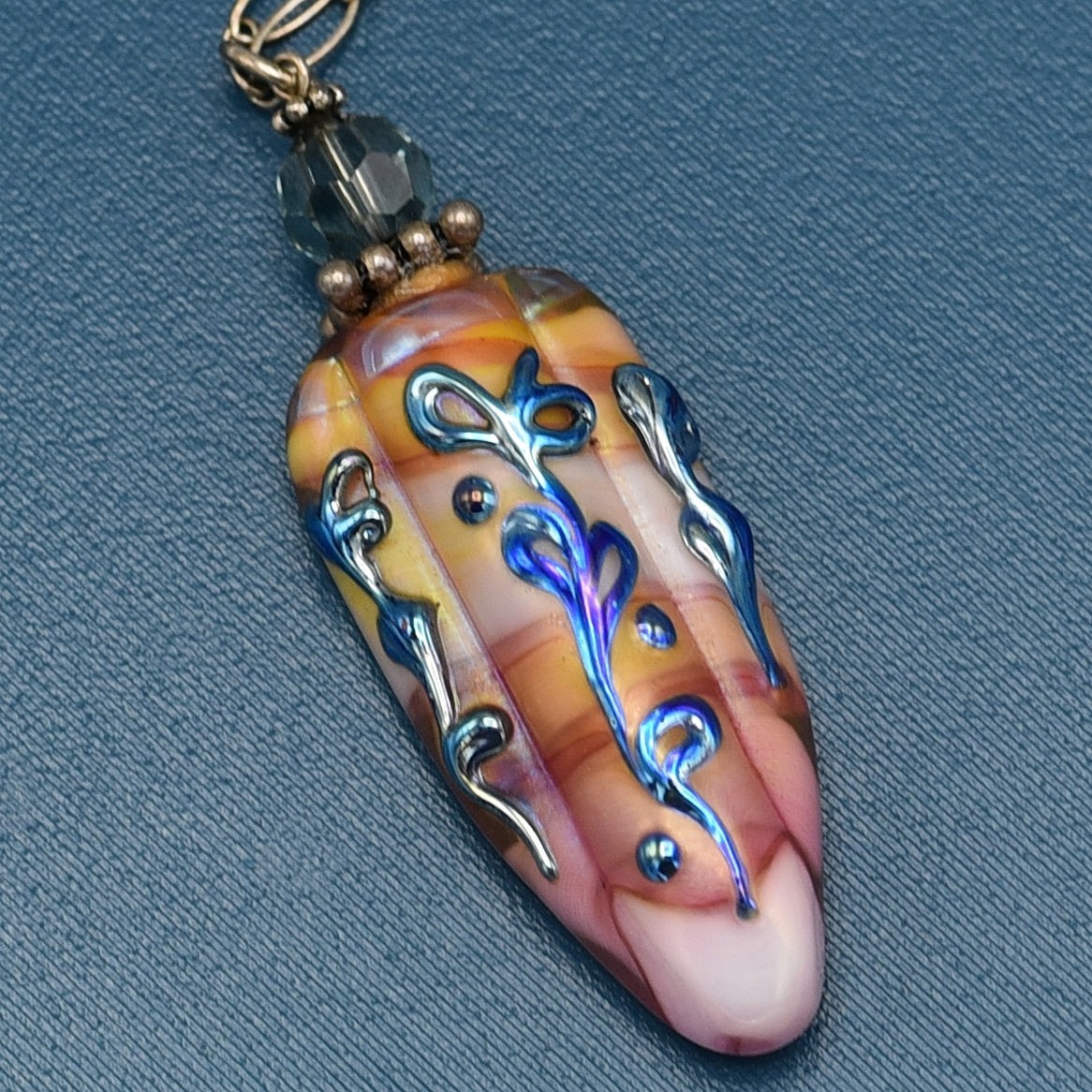 Handmade Lampwork Glass Pendant Necklace – Iridescent Floral Vine Design