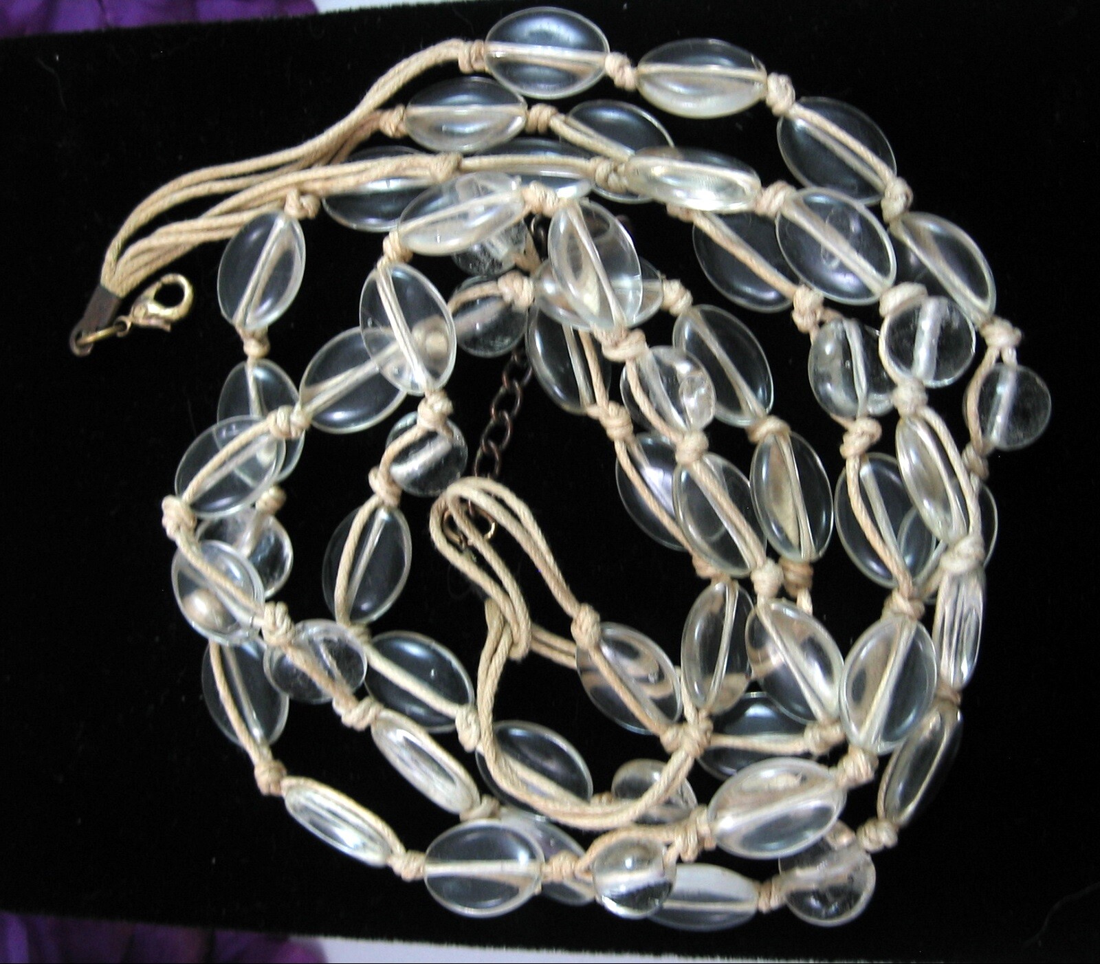 CLEAR GLASS BEAD Necklace Vintage 3 TRIPLE Strand Oval Round Beaded String 22″