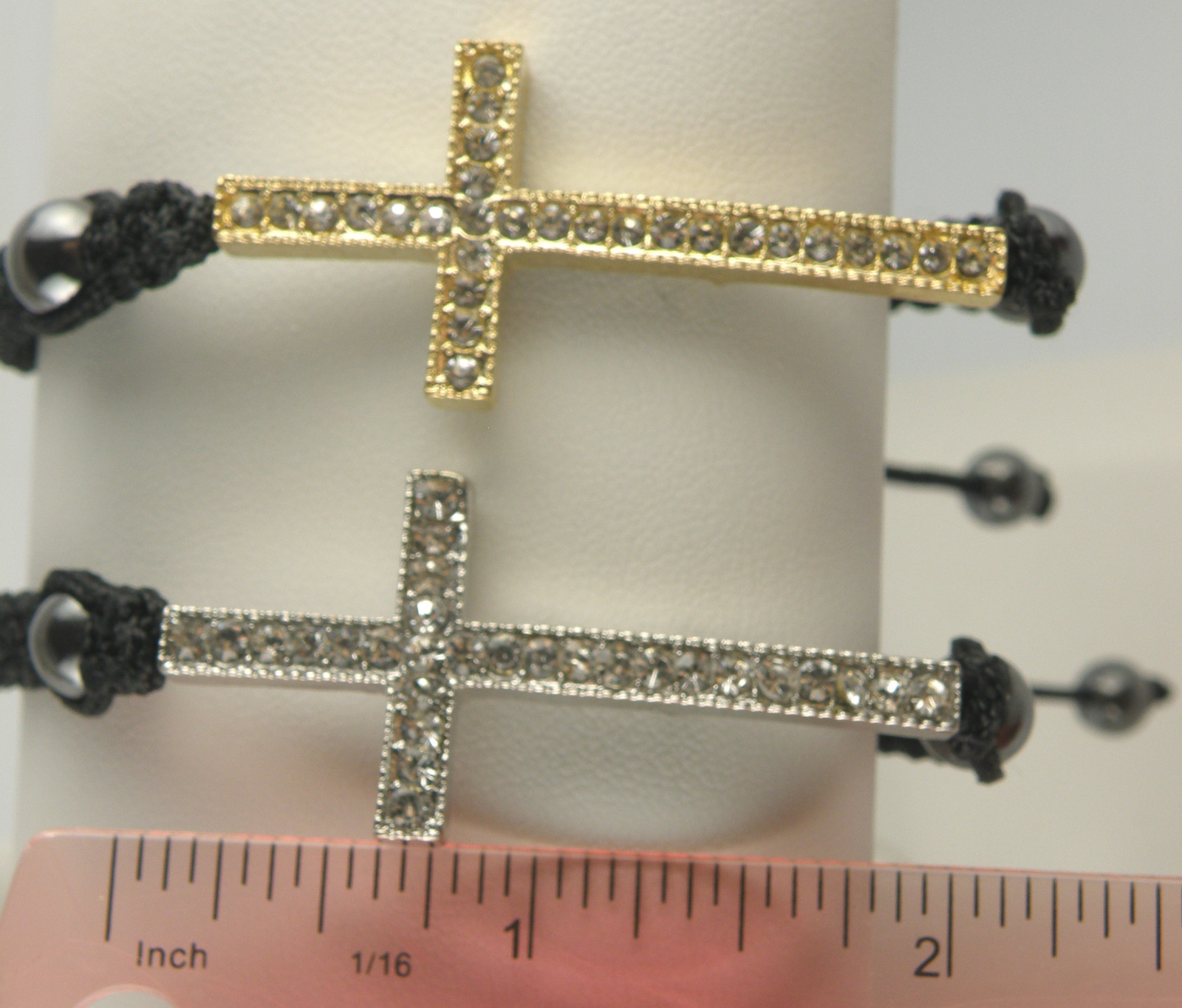 Silver or Gold Tone Sideways Cross / Crucifix / Rood Black Cord Bracelet Macrame