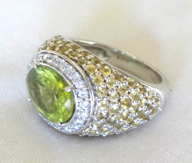 Heavy 18K White Gold Peridot Sapphire Diamond Ring – 12.6 gms, Sz 5.75, 4.90 ctw