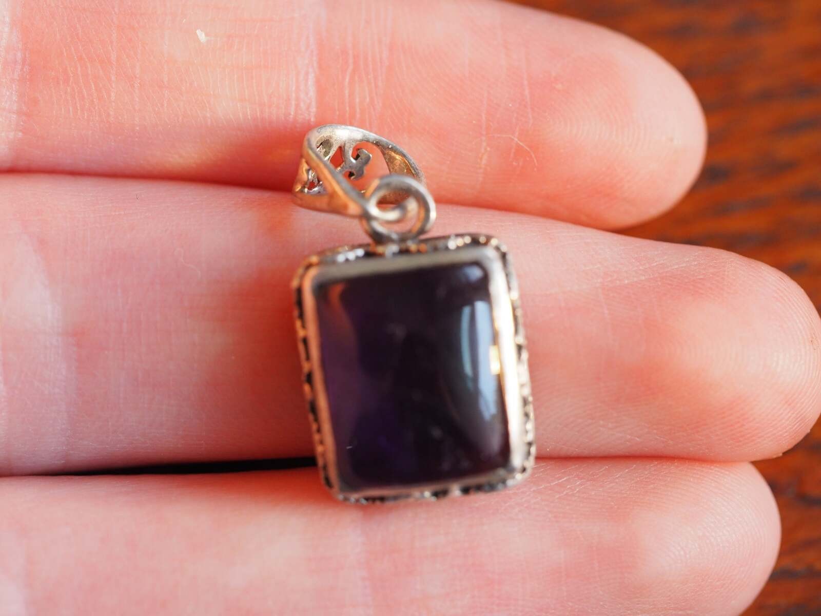 Sterling Silver Rectangular Amethyst Openwork Pendant