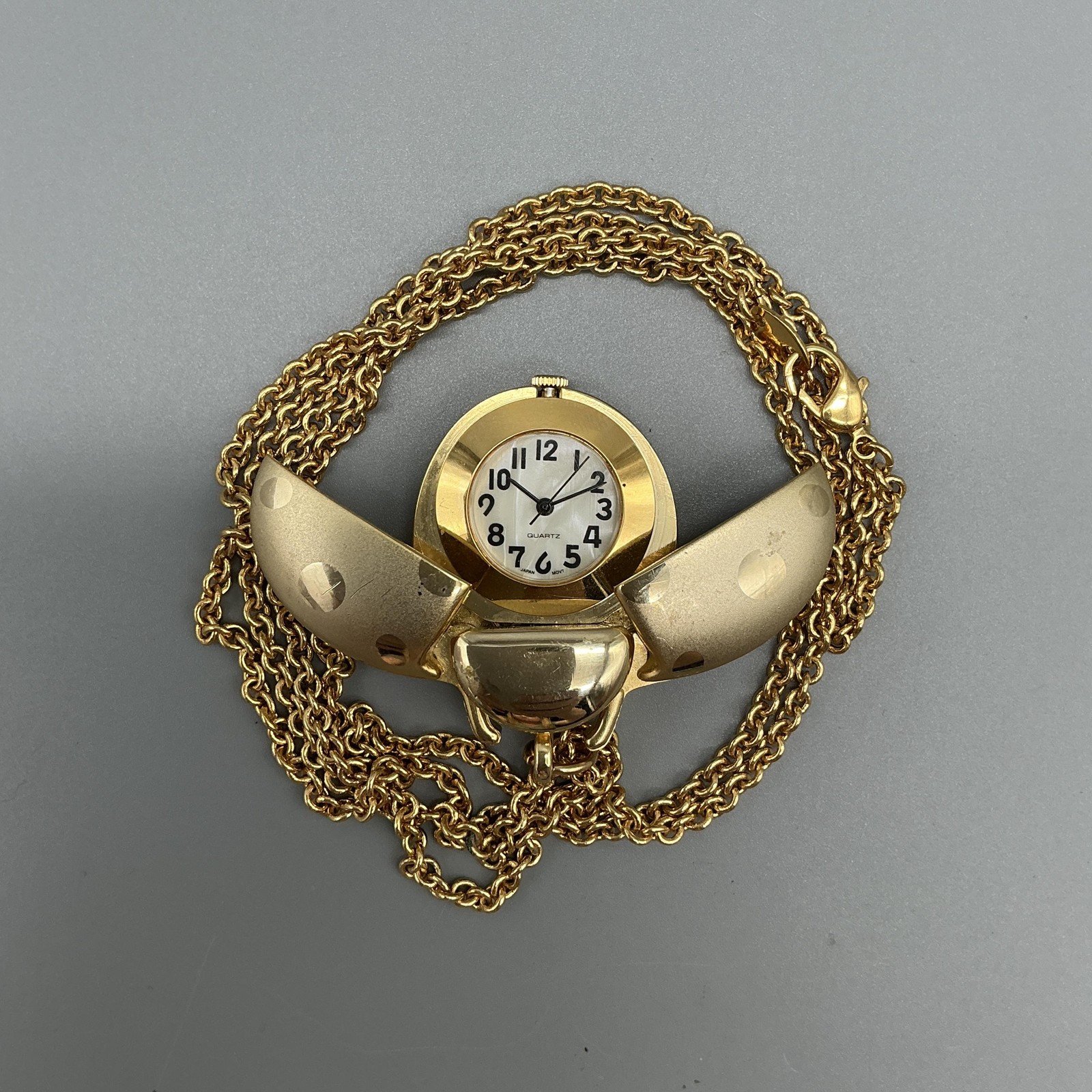 Ladybug Hidden Dial Pendant Necklace Watch Women 117mm Gold Tone New Battery