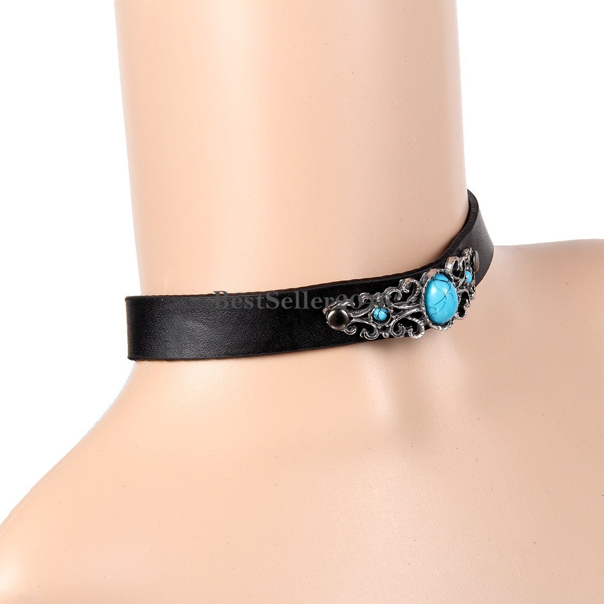 Retro Floral Oval Manmade Turquoise Black Leather Buckle Collar Choker Necklace