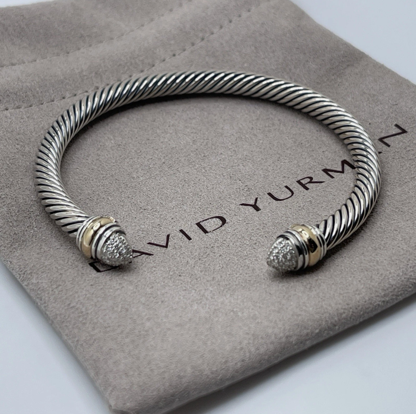 David 5mm Cable Sterling Silver & 14k Gold Bracelet with Diamond Tips