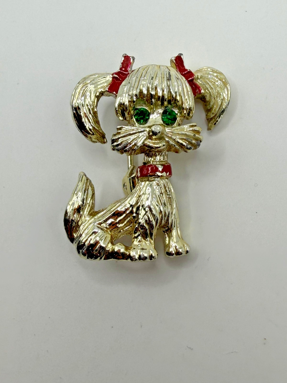 GERRY’S PUPPY DOG BROOCH PIN GREEN RHINESTONE EYES RED ENAMEL JEWELRY VINTAGE