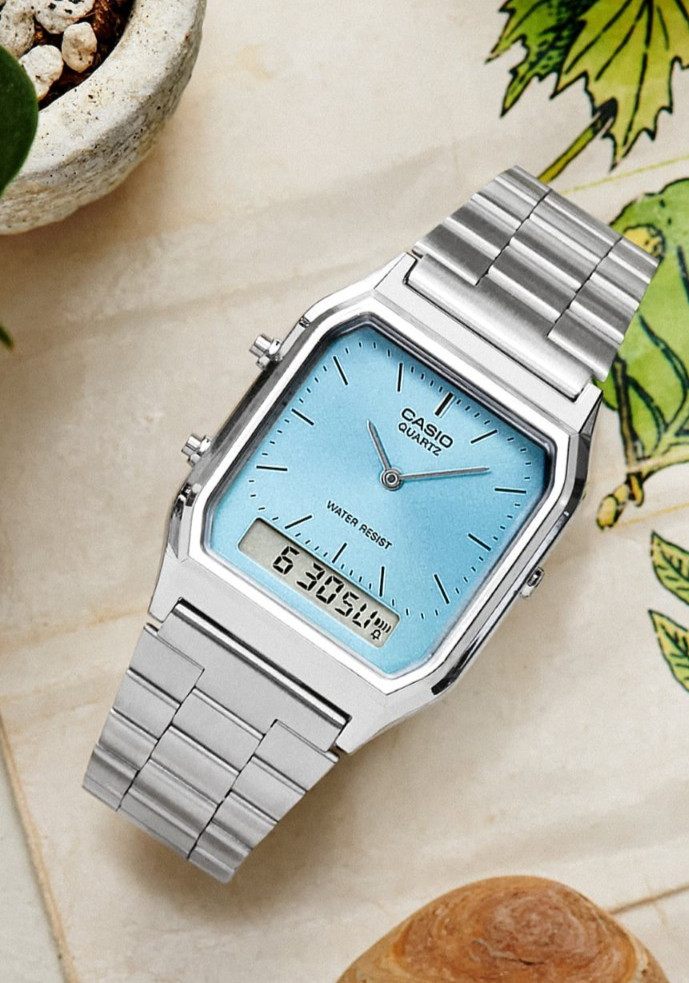 Casio AQ-230A-2A1MQY Vintage Ana-Digi Unisex Watch Light Blue Dial Steel Band WR