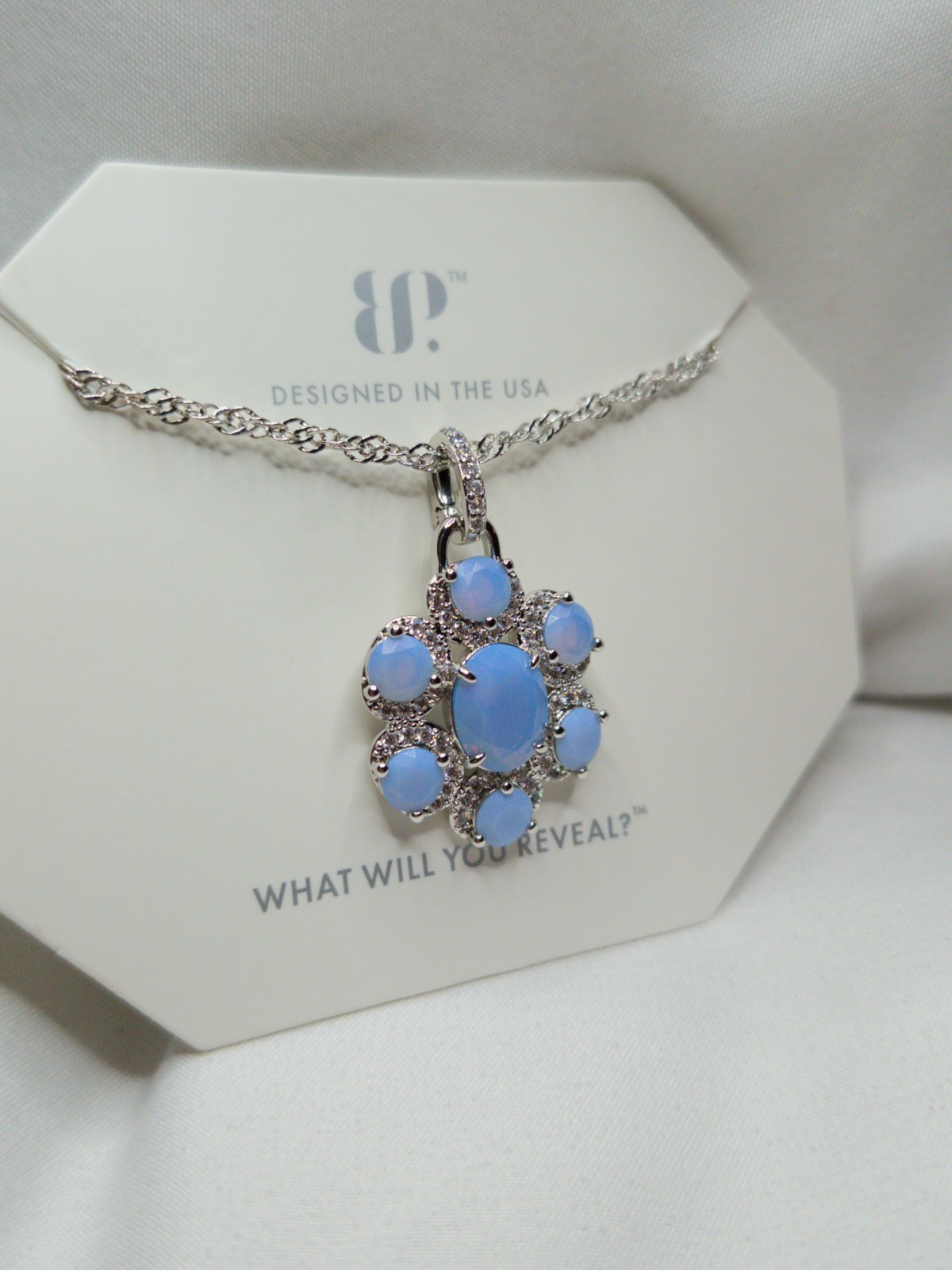 Bomb Party Necklace “Ruby Bliss” Blue Chalcedony On Rhodium Plating