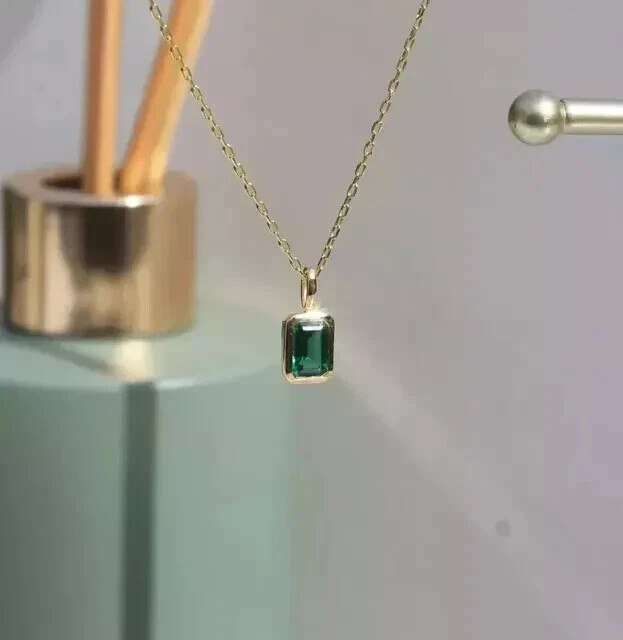 2Ct Emerald Cut Natural Green Emerald Solitaire Pendant 14K Yellow Gold Plated