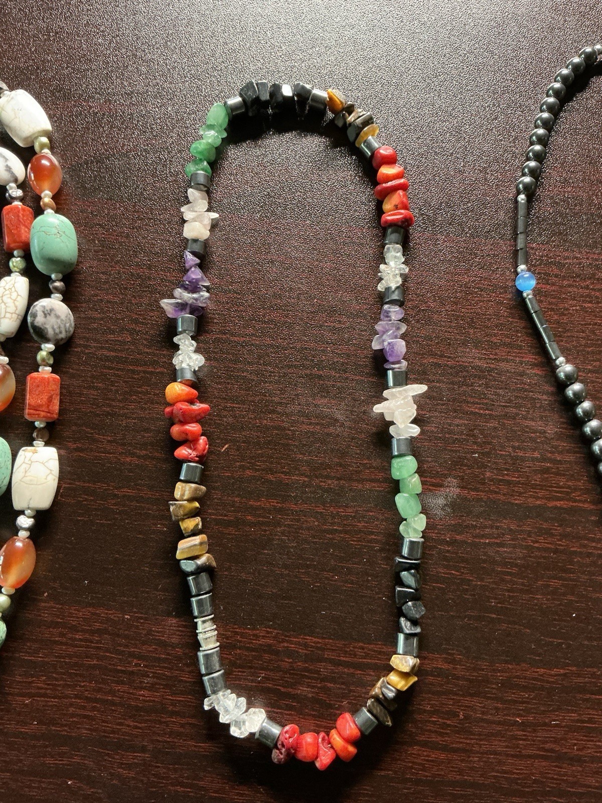 Lot Of 3 Hematite Crucifix, Turquoise Howlite Coral Amethyst Tigereye Necklaces