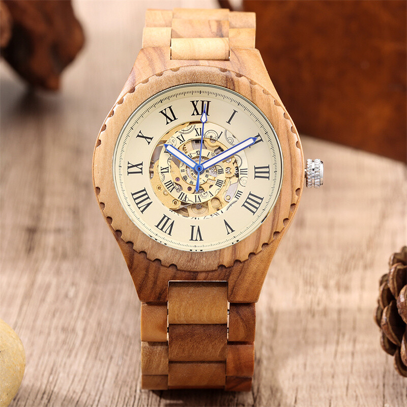 Luxury Men’s Wood Watch Auto Mechanical Skeleton Wrist Watches Full Wooden Band