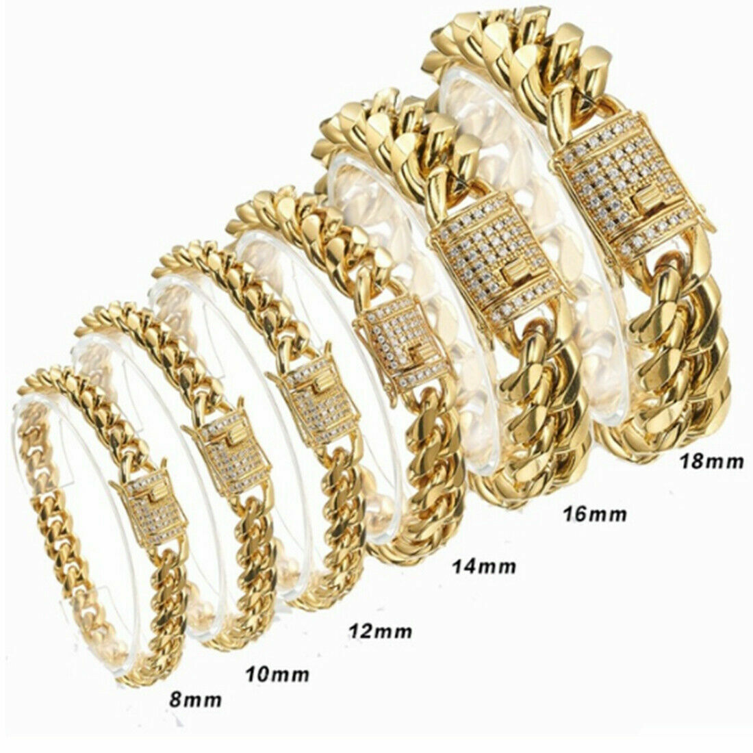8mm-18mm Men’s Miami Curb Cuban Chain Bracelet Stainless Steel Bangle 18K Gold