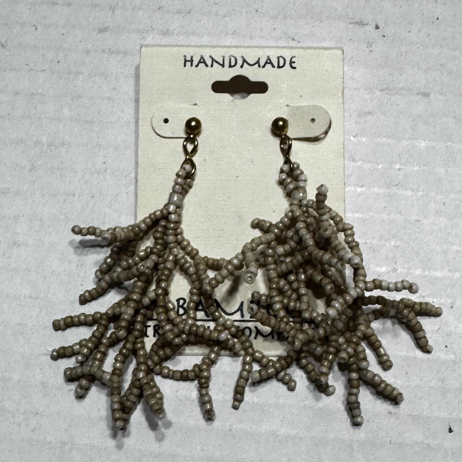 Bamboo Trading Co Handmade Seed Bead, Beige Earrings 3” Dangle Gold Coral Reef