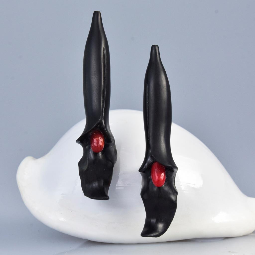 Trumpet Flower Earring Pair Carved Black Horn & Red Sponge Coral drilled 6.80g