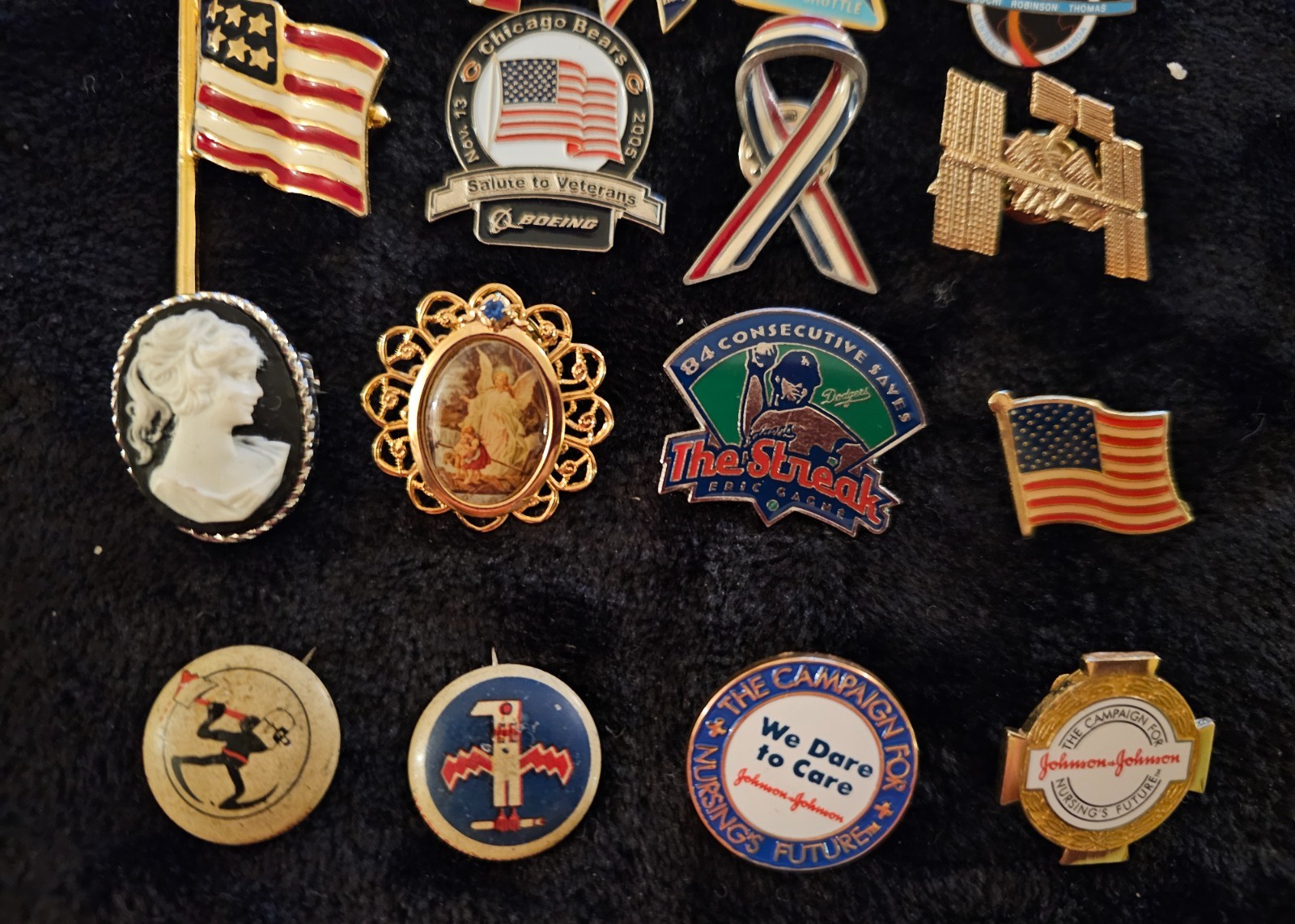 Lot of 34 Assorted Pins. Flags, Nasa, Military, Fun Pins, Brooch