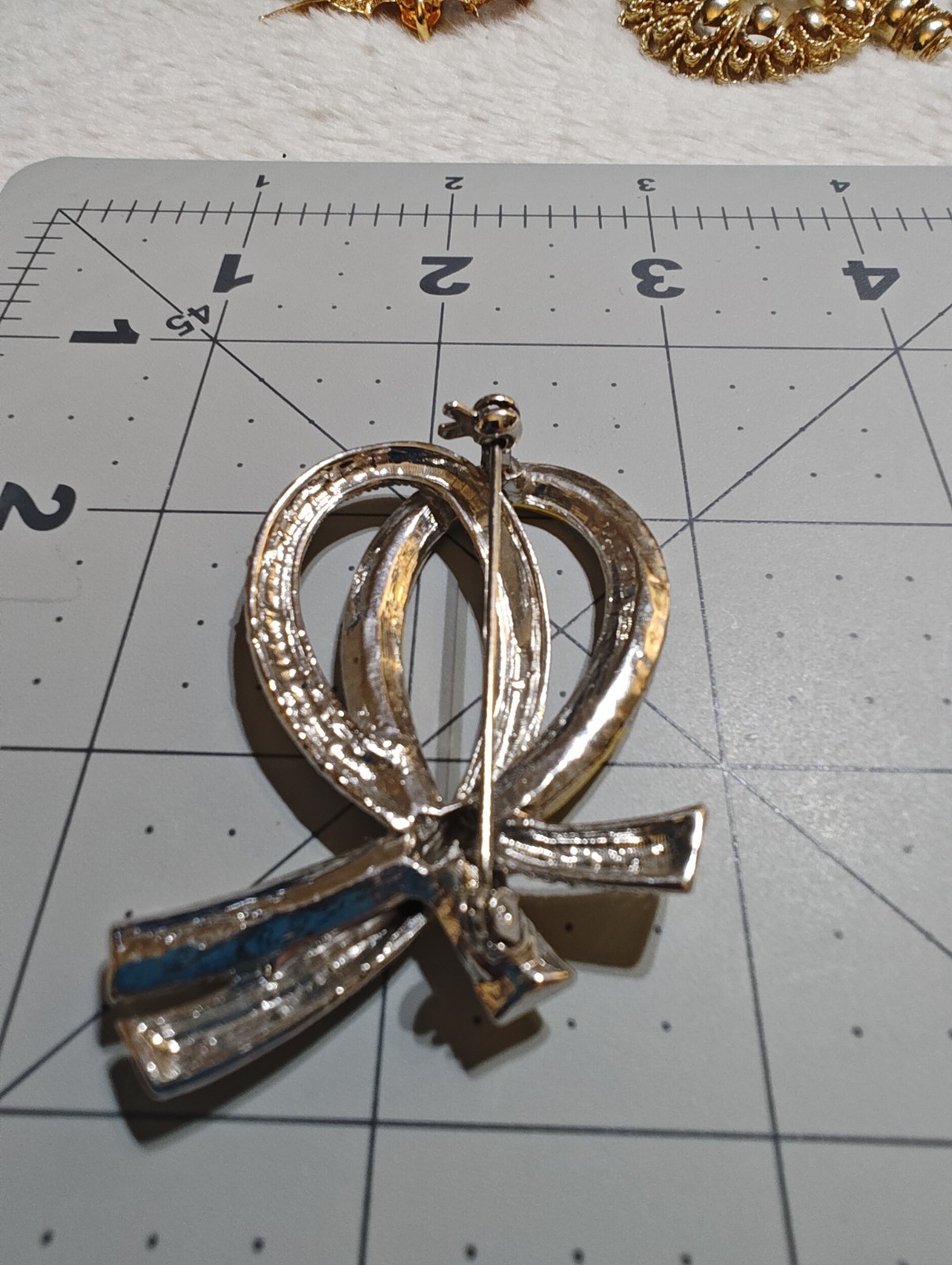 Ribbon Brooch Pin Gold & Silver Tone Clear Round Rhinestones 2.25 in