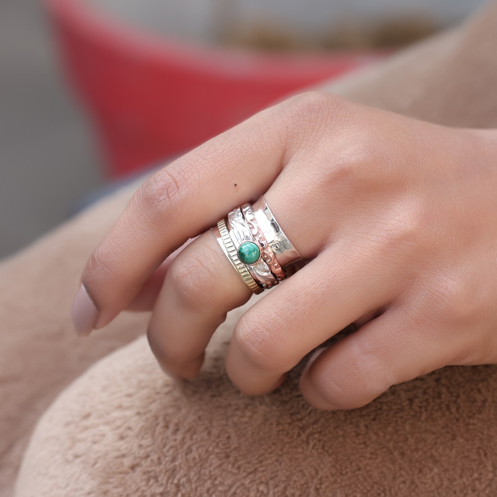 Malachite Gemstone Spinner Ring Handmade Fidget Jewelry ar8956