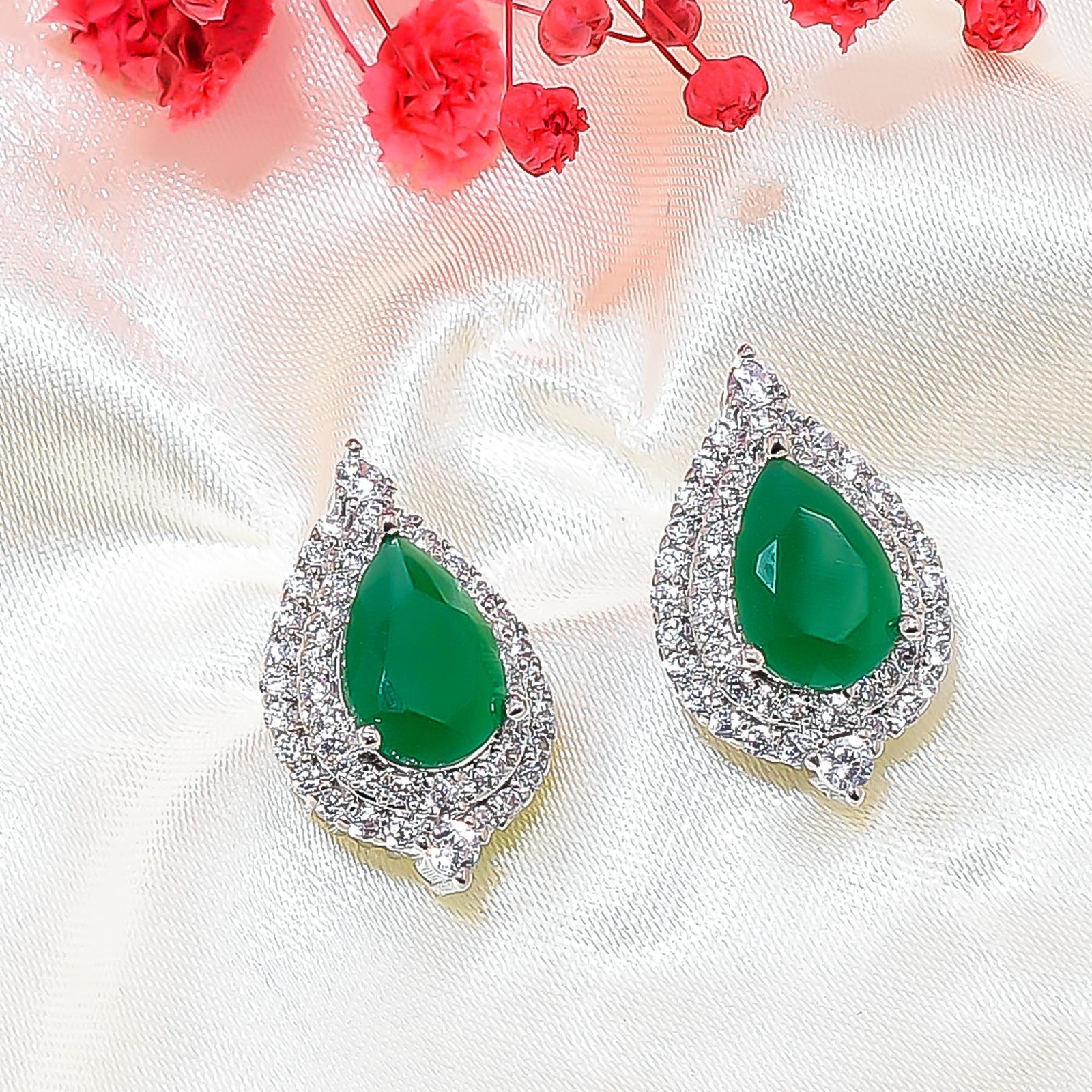 Emerald Simulated & Cz 925 Sterling Silver Floral Halo Drop Earring 0.75″ E55321